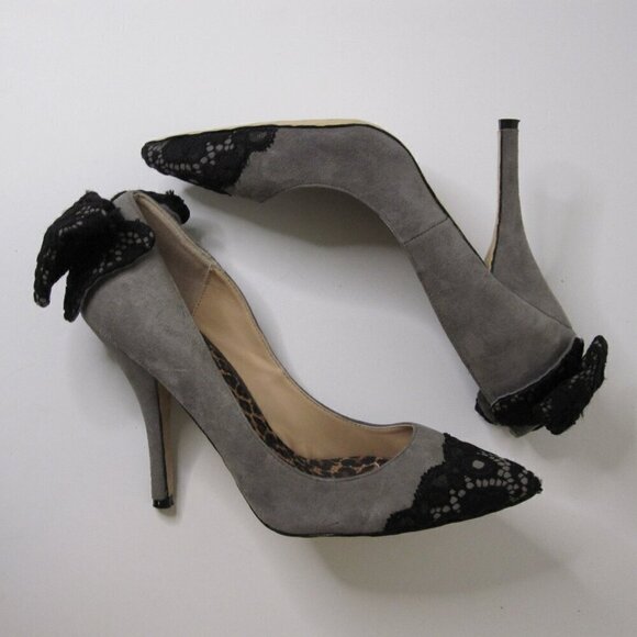 BETSEY JOHNSON Itsy Heels Women's 8.5 Black Bow Leopard Lace & Suede Pumps - Picture 8 of 11